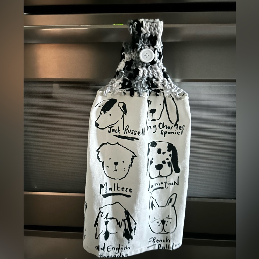 Hand Crafted Black & White Dog Print Hanging Kitchen Hand Towel - Picture 3 of 9